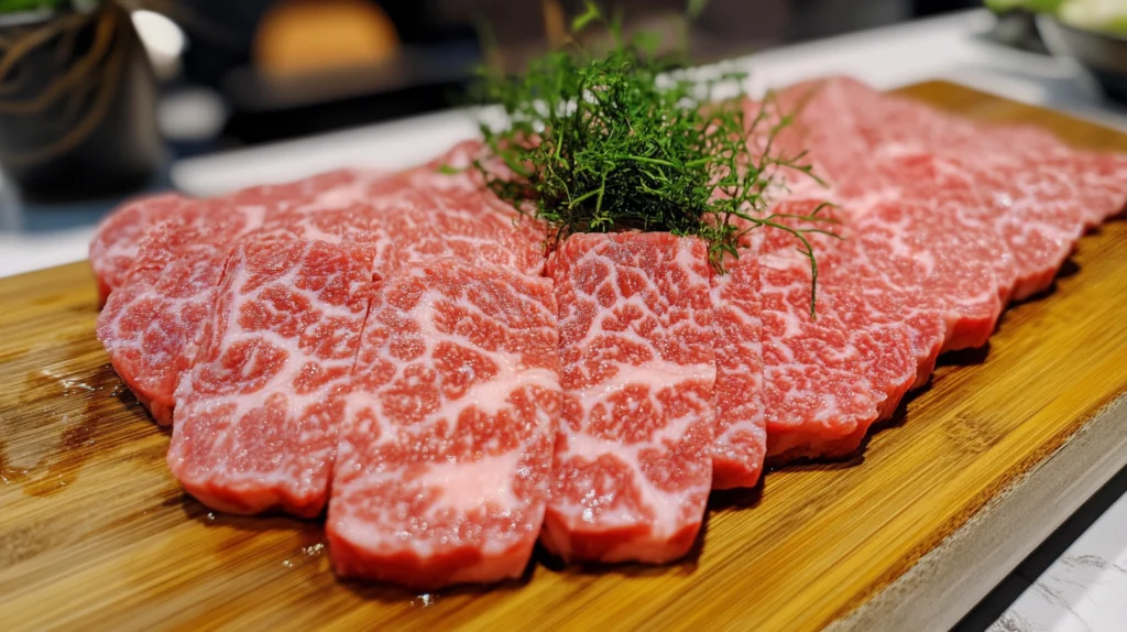 Thinly sliced marbled beef arranged neatly on a wooden cutting board, topped with a garnish of fresh herbs, showcasing the meat's rich marbling and freshness.