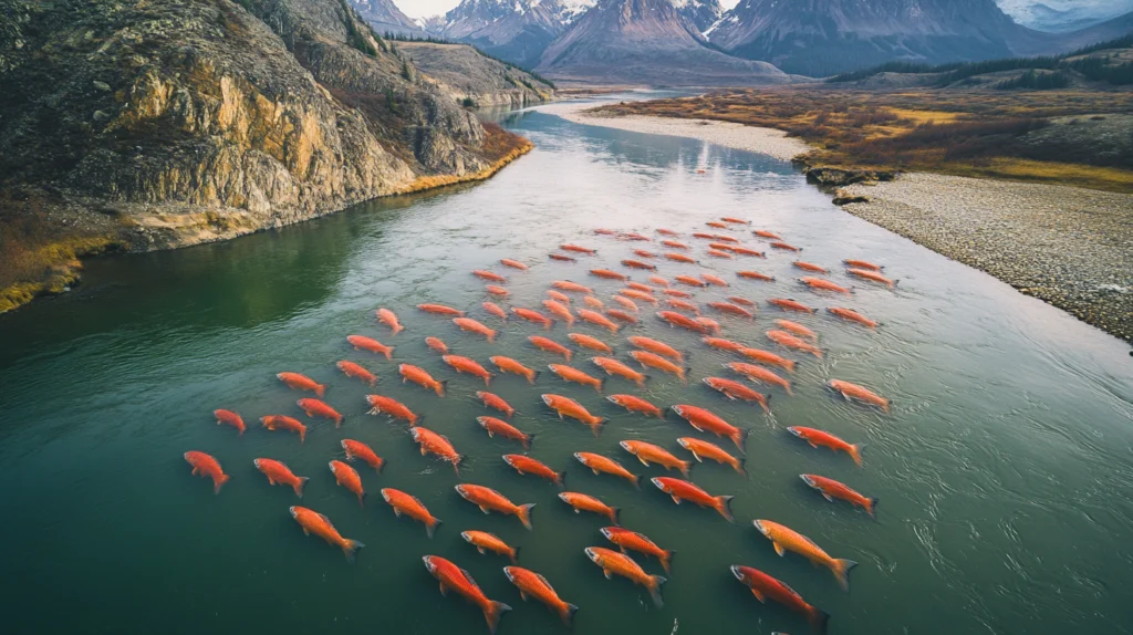A school of bright red Copper River salmon swimming upstream in a pristine river surrounded by rugged mountains and wilderness.