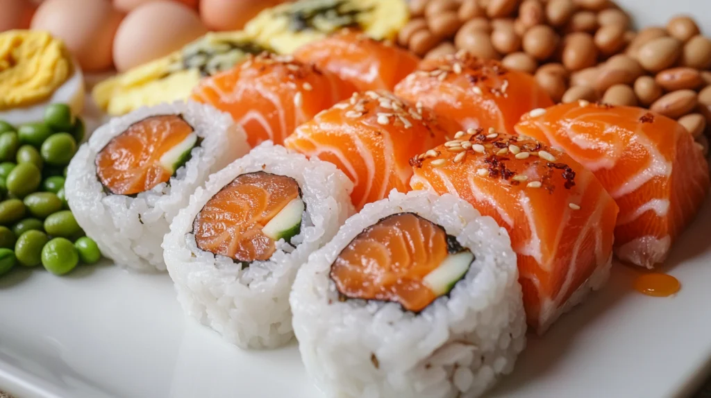 A plate of salmon sushi rolls with fresh salmon sashimi, garnished with sesame seeds and spices, served alongside green peas, peanuts, hard-boiled eggs, and tamagoyaki (Japanese omelet).