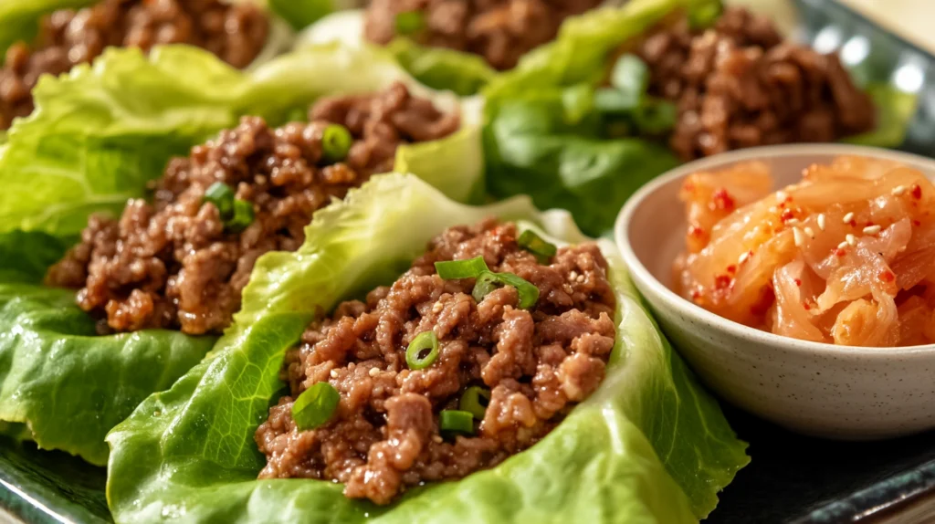 "Ground beef bulgogi served in crisp lettuce wraps, garnished with green onions, alongside a bowl of spicy kimchi."
