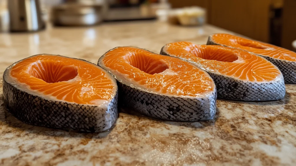 Fresh raw salmon steaks with vibrant orange flesh and silver skin, neatly arranged on a marble kitchen countertop.