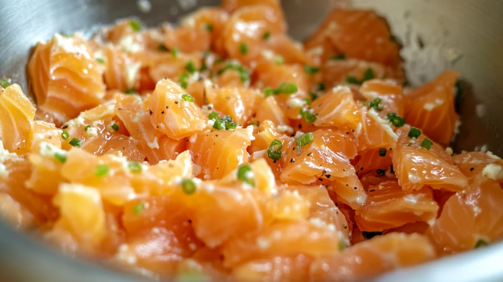 "Close-up of fresh diced salmon seasoned with chives, black pepper, and a light cream, ready for preparation in a recipe."