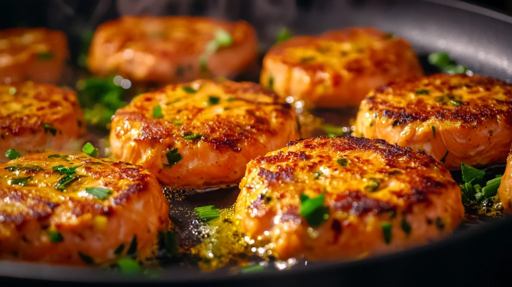 Golden-brown salmon patties sizzling in a skillet, garnished with chopped fresh parsley and surrounded by bubbling oil.