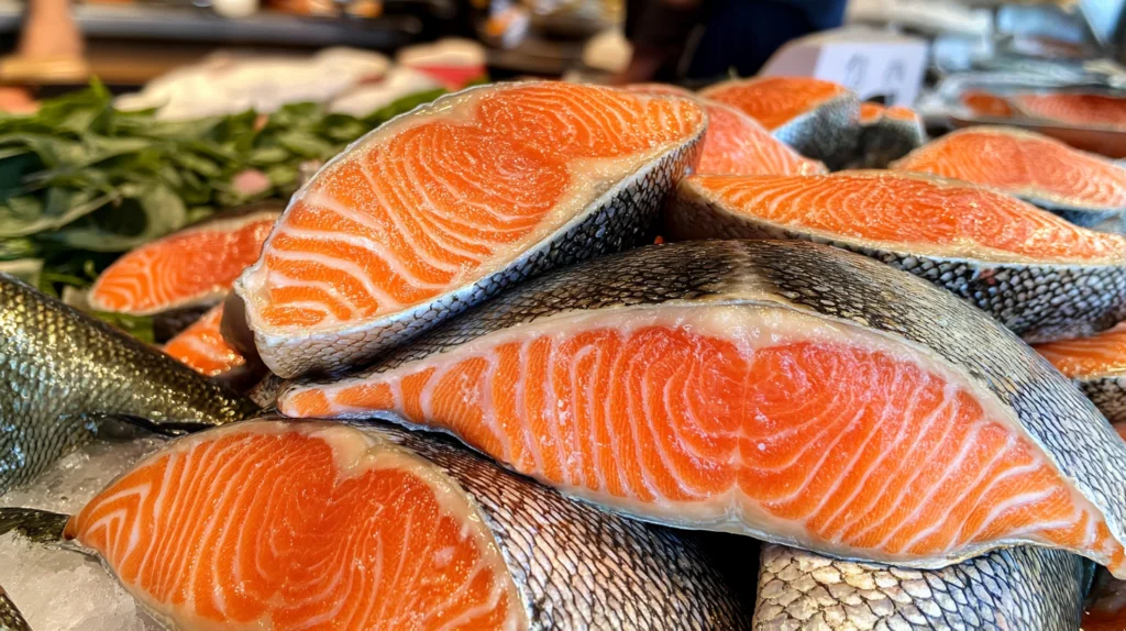 Fresh salmon steaks with vibrant orange flesh and silver skin, displayed on ice at a seafood market with leafy greens in the background.