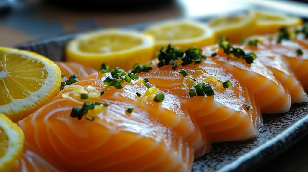 Fresh salmon sashimi slices garnished with chopped green onions, lemon zest, and served with lemon slices on a platter.