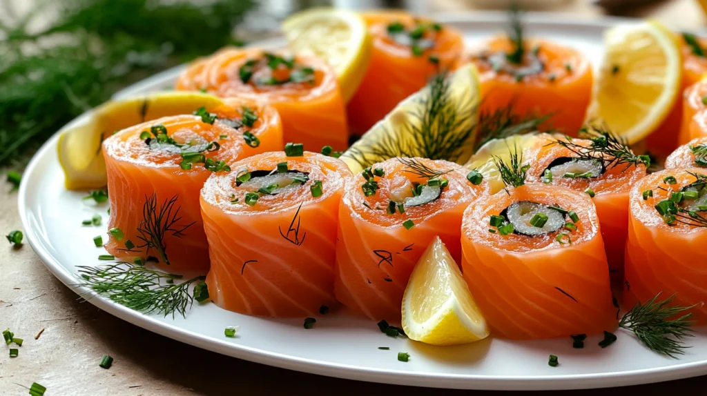 A plate of smoked salmon rolls garnished with fresh dill, chopped chives, and lemon wedges, elegantly arranged on a white platter.