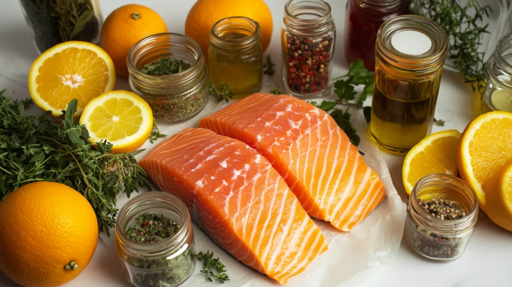 Fresh Copper River salmon fillets displayed on parchment paper, surrounded by vibrant oranges, jars of spices, fresh herbs, olive oil, and seasoning ingredients.