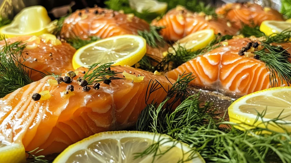 Fresh Copper River salmon fillets garnished with dill, cracked black pepper, lemon slices, and a drizzle of olive oil, ready for cooking or serving.