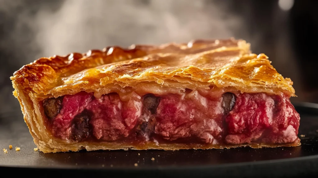"A close-up of a slice of steak and kidney pie with golden, flaky pastry and a rich, savory filling steaming fresh from the oven."