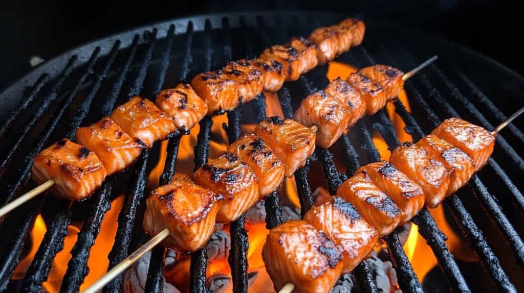 Grilled salmon skewers with perfectly charred, golden-brown chunks cooking over open flames on a barbecue grill.