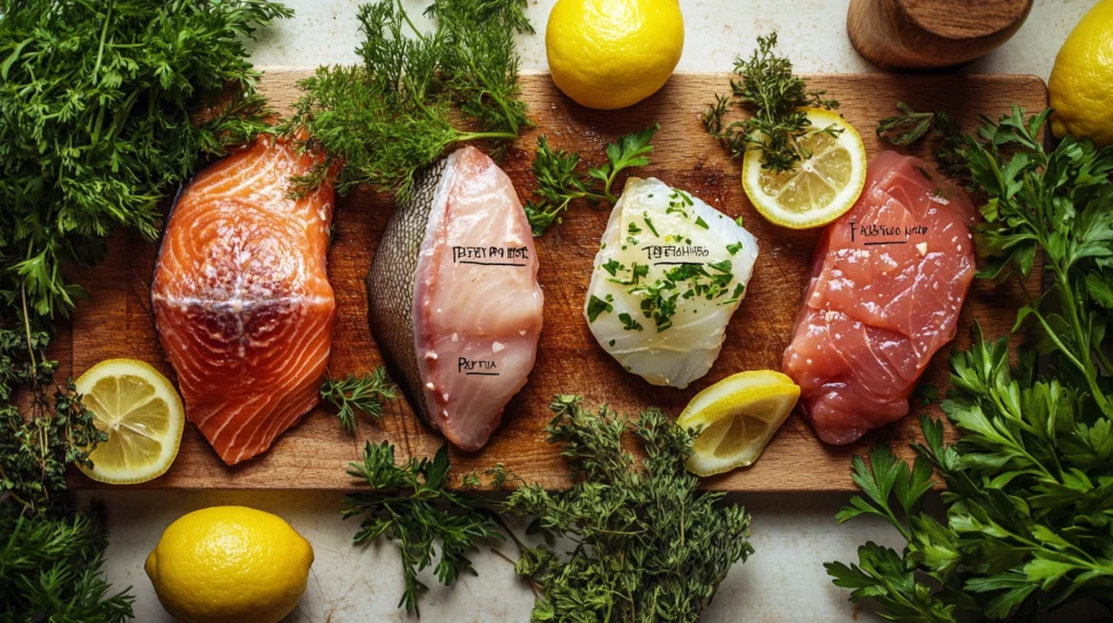 An overhead view of different types of fish on a chopping board, labeled with names, surrounded by fresh herbs and lemon slices.