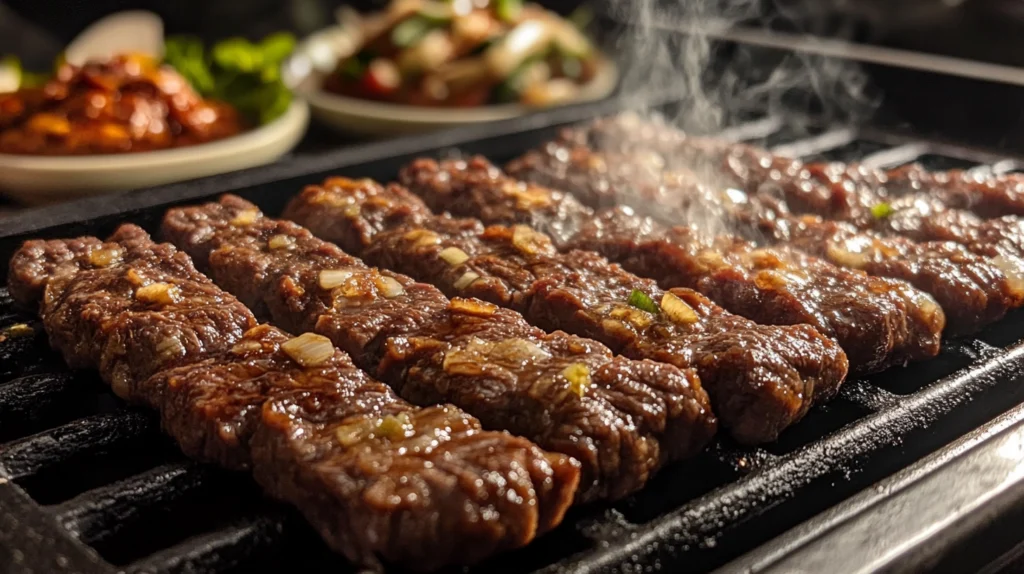 "Marinated bulgogi beef grilling on a hot barbecue with steam rising, accompanied by traditional Korean side dishes in the background."