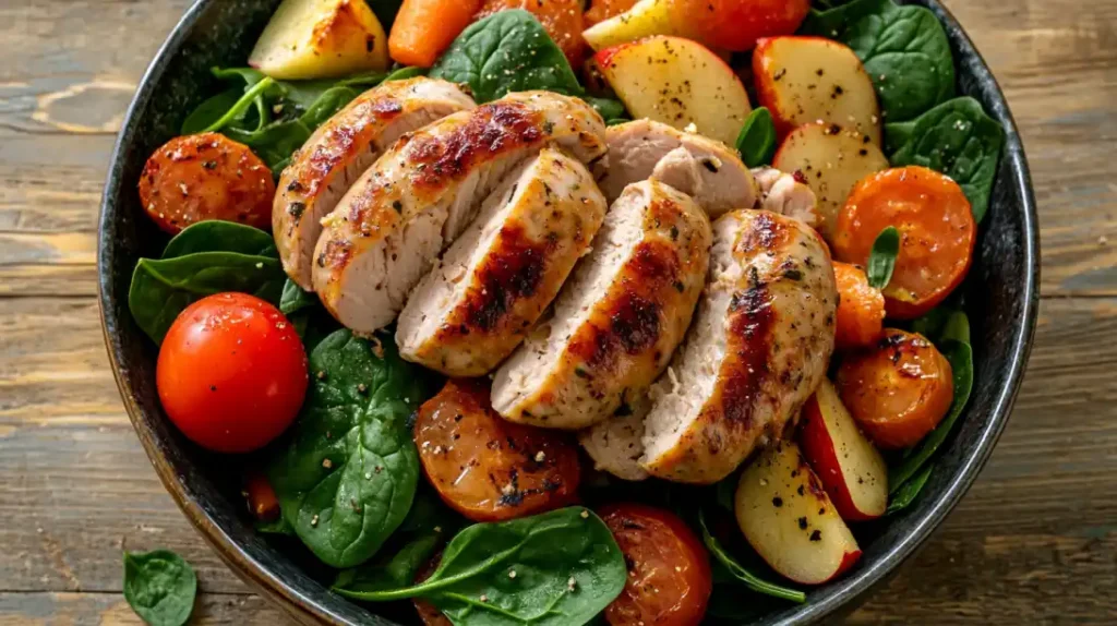 *Sliced chicken apple sausage served on a bed of fresh spinach, cherry tomatoes, roasted carrots, and potato slices, lightly seasoned for a nutritious and colorful meal.*