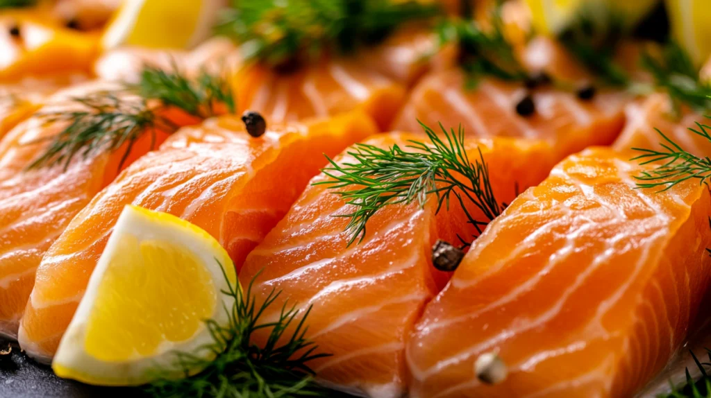 Fresh salmon fillets garnished with sprigs of dill, black peppercorns, and lemon wedges, arranged on a dark surface.
