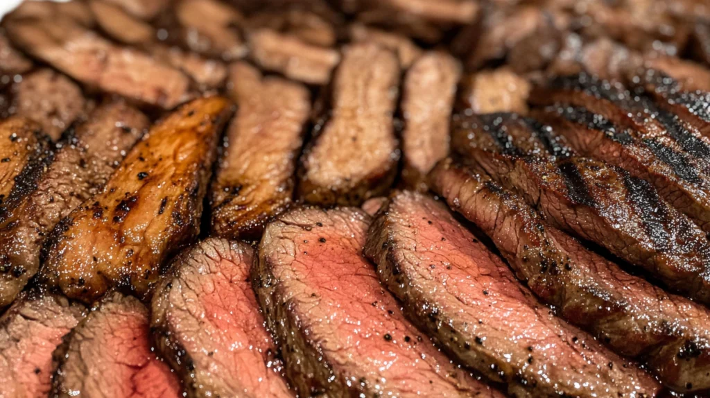 "Close-up of perfectly grilled bulgogi beef slices with a caramelized exterior and juicy, tender interior."
