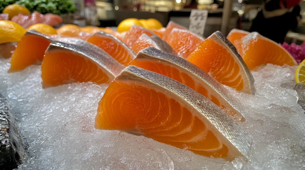 Fresh salmon fillets with vibrant orange flesh and shiny silver skin, neatly arranged on a bed of crushed ice at a seafood market.