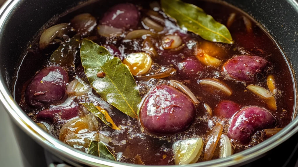 "Beef kidneys simmering in a rich broth with onions, garlic, and bay leaves, showcasing a hearty and flavorful cooking process."