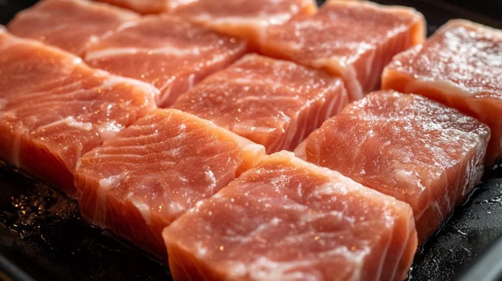 Fresh, raw salmon belly pieces neatly arranged on a black tray, showcasing their vibrant orange color, marbled texture, and natural sheen.