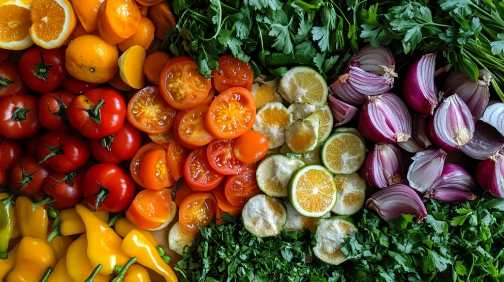 "Fresh colorful vegetables and fruits, including tomatoes, yellow peppers, oranges, limes, red onions, and parsley, arranged in a vibrant, eye-catching display."