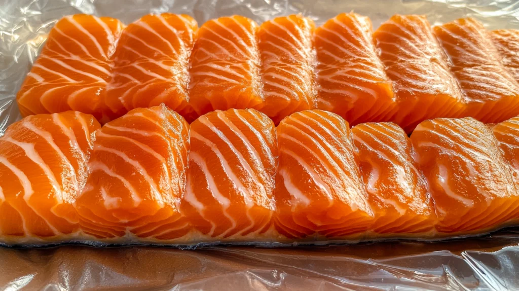 Fresh, neatly arranged slices of raw salmon with vibrant orange color and white marbling, laid on a clear plastic surface