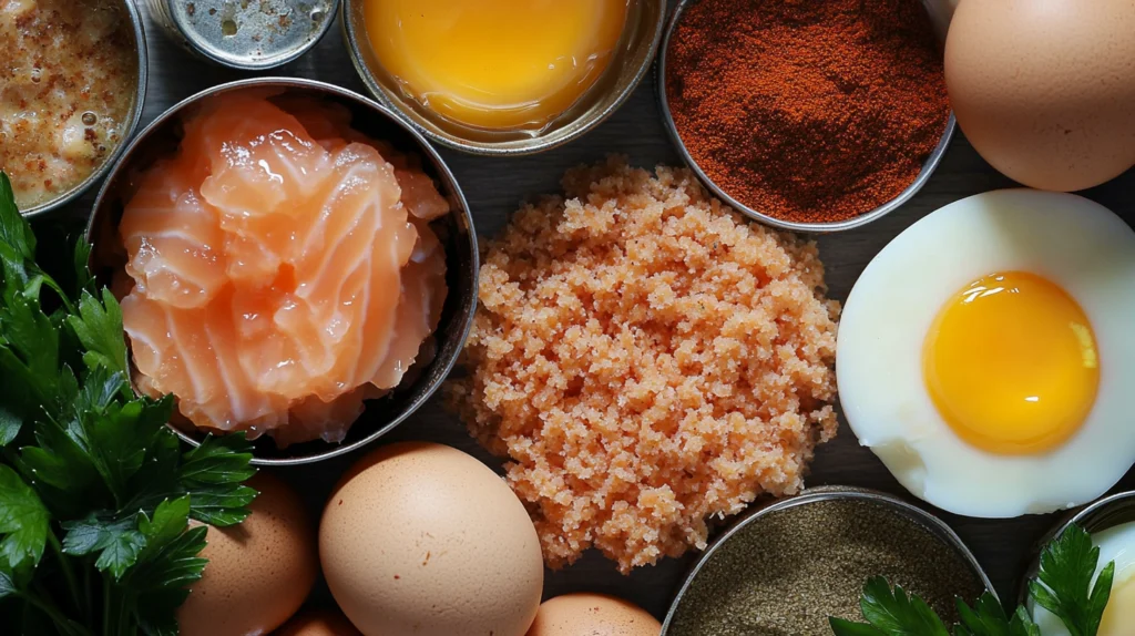 A flat lay of ingredients for salmon burgers, including raw salmon, breadcrumbs, eggs, fresh parsley, spices, and mustard, arranged neatly on a wooden surface.