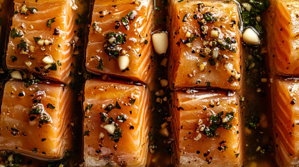 Fresh salmon belly pieces marinated in a mixture of herbs, garlic, and spices, glistening with oil and seasoning, ready for cooking.