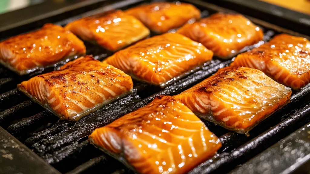 Glazed salmon fillets being grilled on a stovetop grill, with a golden caramelized surface