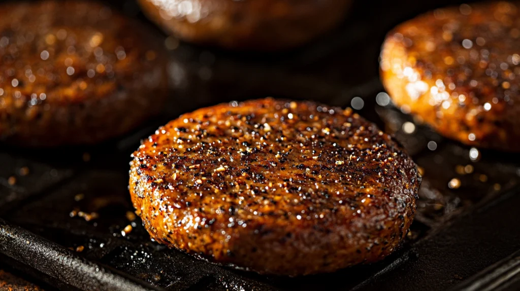 "Close-up of perfectly seared, golden-brown salmon patties cooking on a grill pan, glistening with seasoning and oil."
