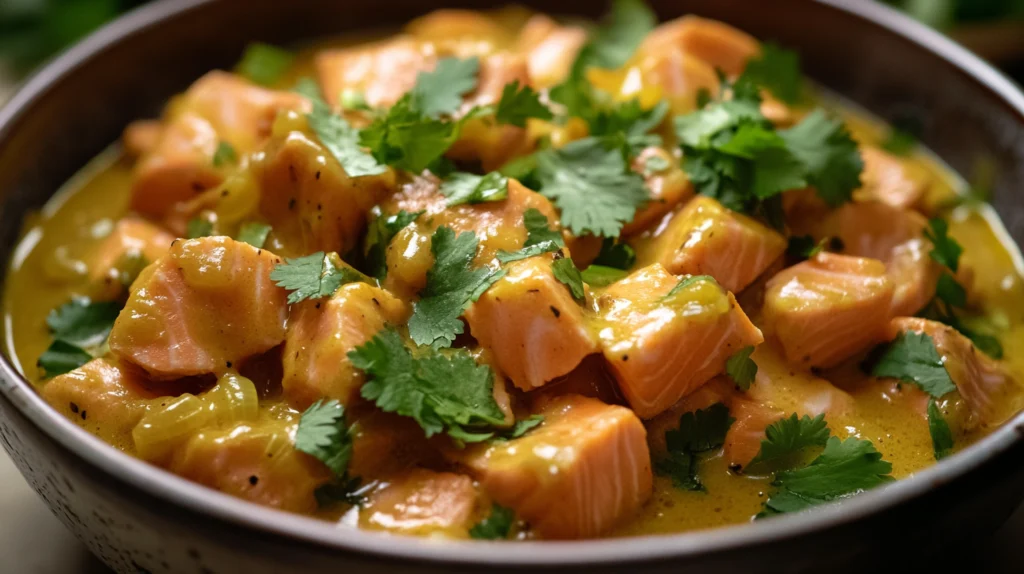 A bowl of salmon chunks in a creamy yellow curry sauce, garnished with fresh cilantro, creating a flavorful and vibrant dish.