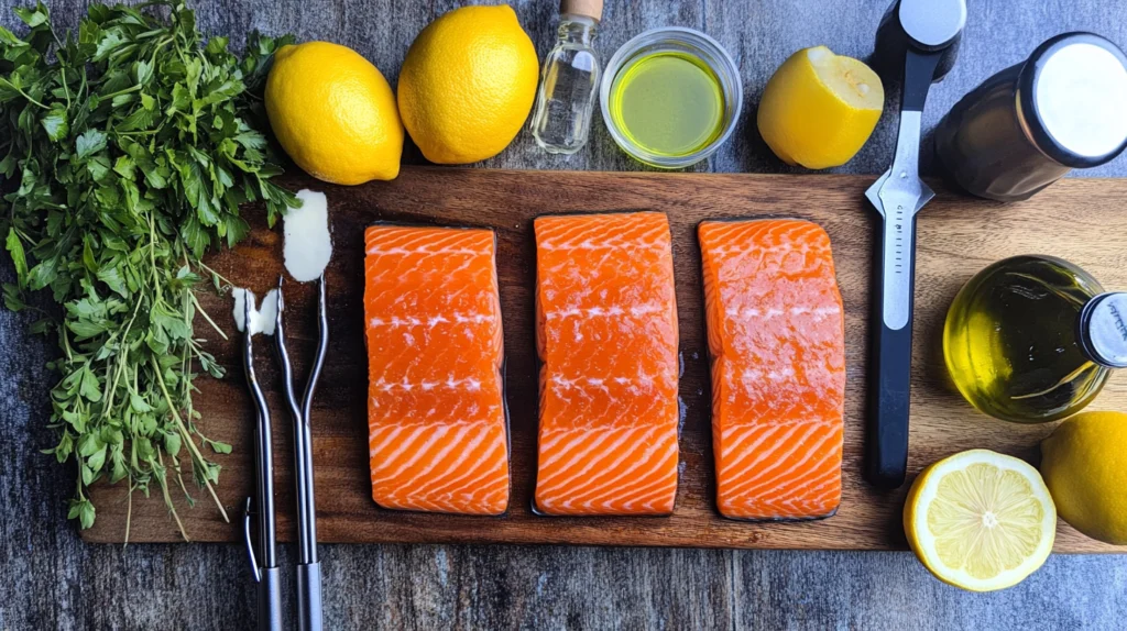 Fresh sockeye salmon fillets on a wooden cutting board surrounded by ingredients including lemons, olive oil, fresh herbs, and grilling tools.