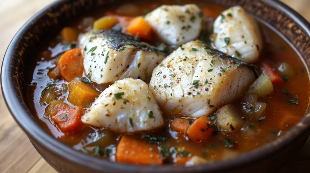 A rustic bowl of fish stew filled with chunks of fish, vegetables, and herbs, sitting on a wooden table."