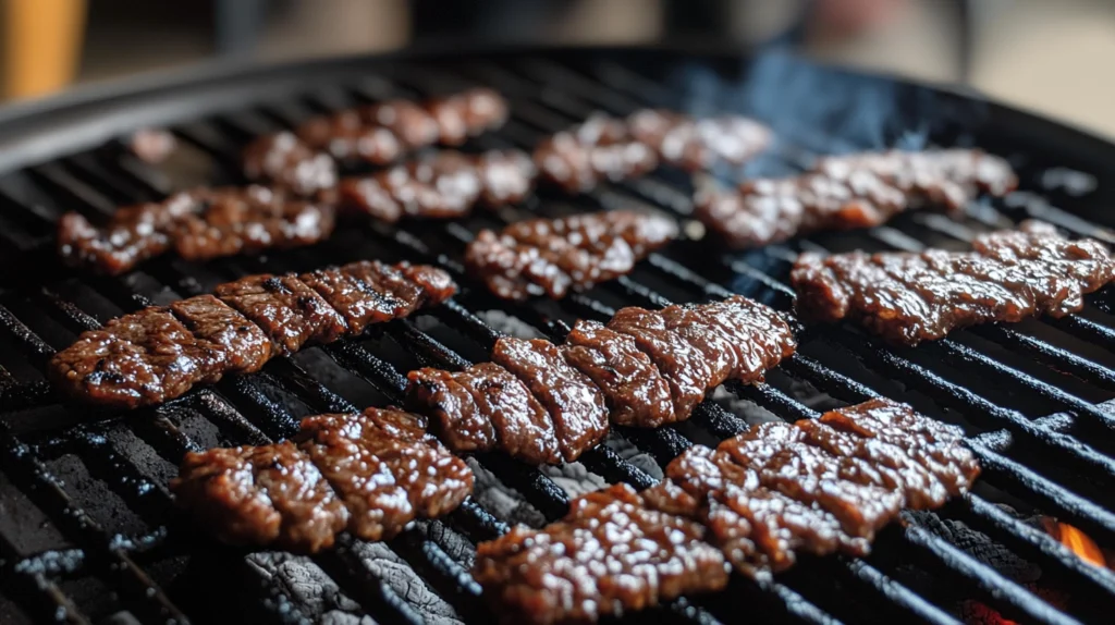 Thin strips of marinated bulgogi grilling over an open flame, with visible char marks and a smoky aroma rising from the meat.