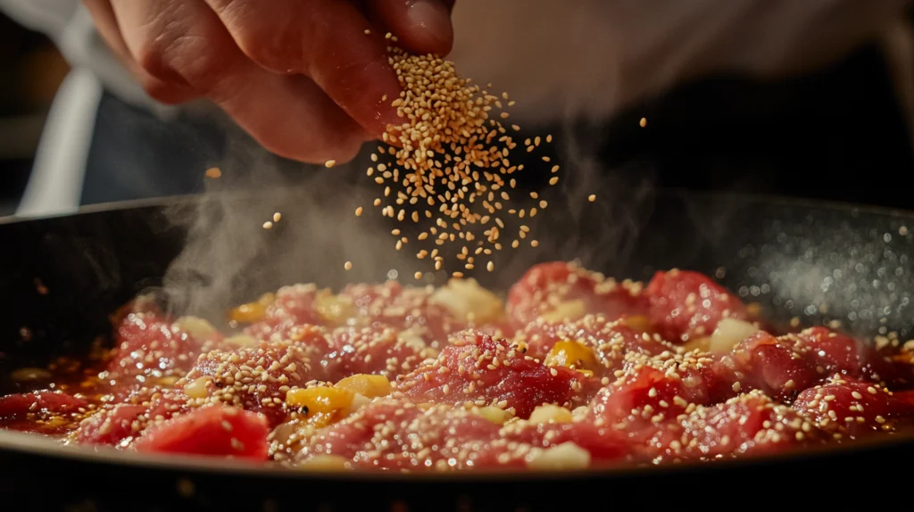 "A close-up of a chef sprinkling sesame seeds over sizzling marinated beef cooking in a skillet, with steam rising from the pan."