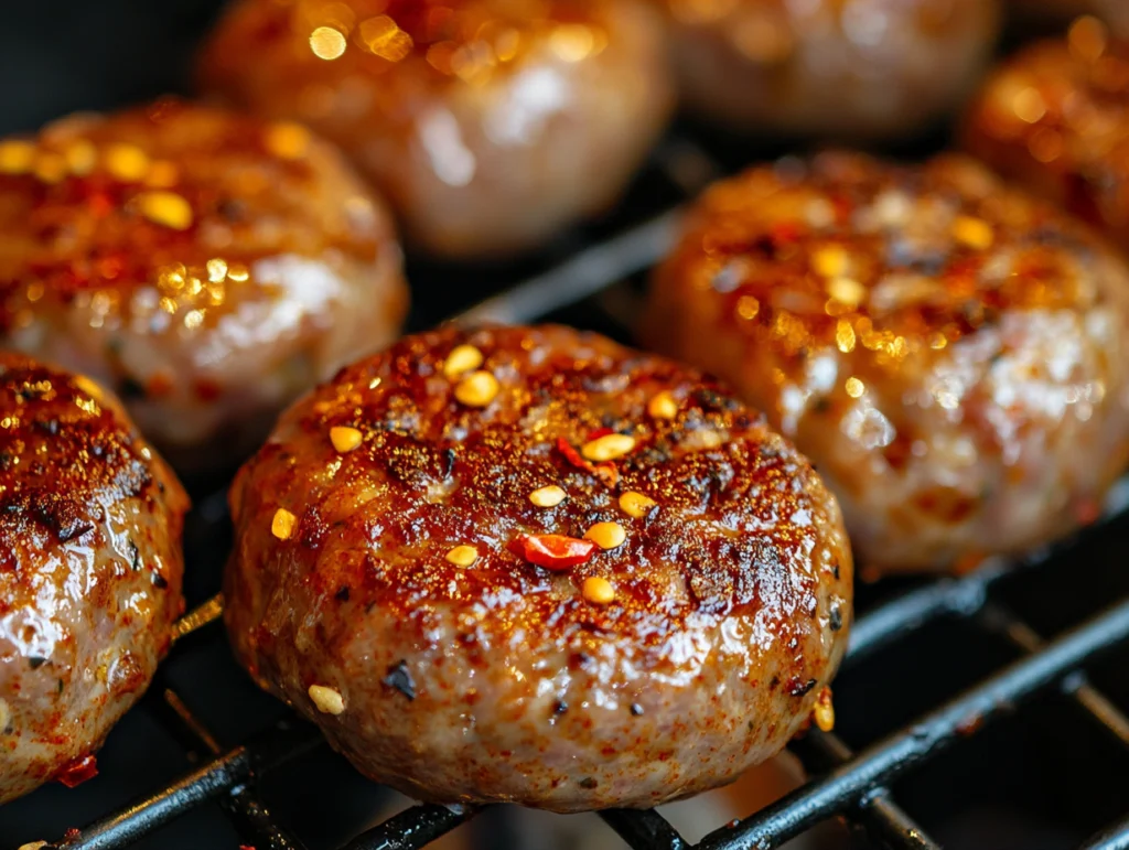 Close-up of spicy beef sausage patties sizzling on a grill, topped with red chili flakes and glistening with a golden, caramelized glaze.