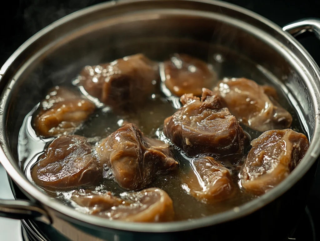Beef kidneys simmering in a stainless steel pot filled with water, releasing steam as part of the cooking process.