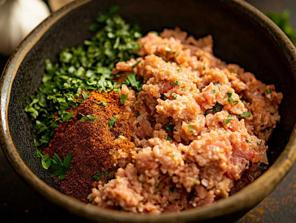 A close-up of a bowl containing ground meat, freshly chopped parsley, and a vibrant blend of spices, ready to be mixed for cooking, showcasing a rich and flavorful preparation process.