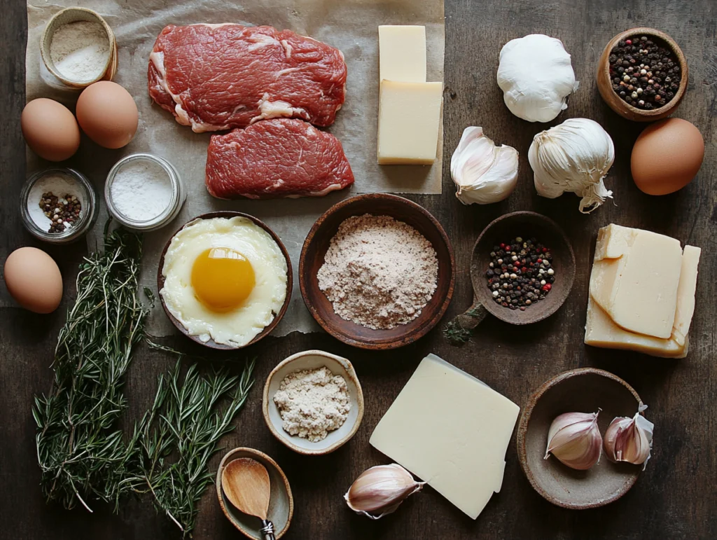 An overhead view of ingredients for making beef sausage patties, including raw beef, eggs, garlic, herbs, spices, and blocks of cheese, all arranged on a rustic wooden surface.