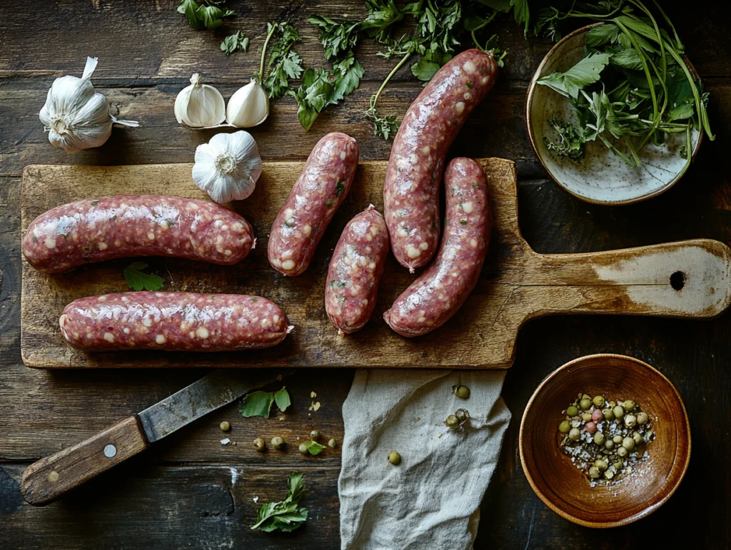 A rustic arrangement of uncooked sausages on a wooden cutting board surrounded by fresh garlic, parsley, and small bowls of spices, highlighting a natural and artisanal preparation process.
