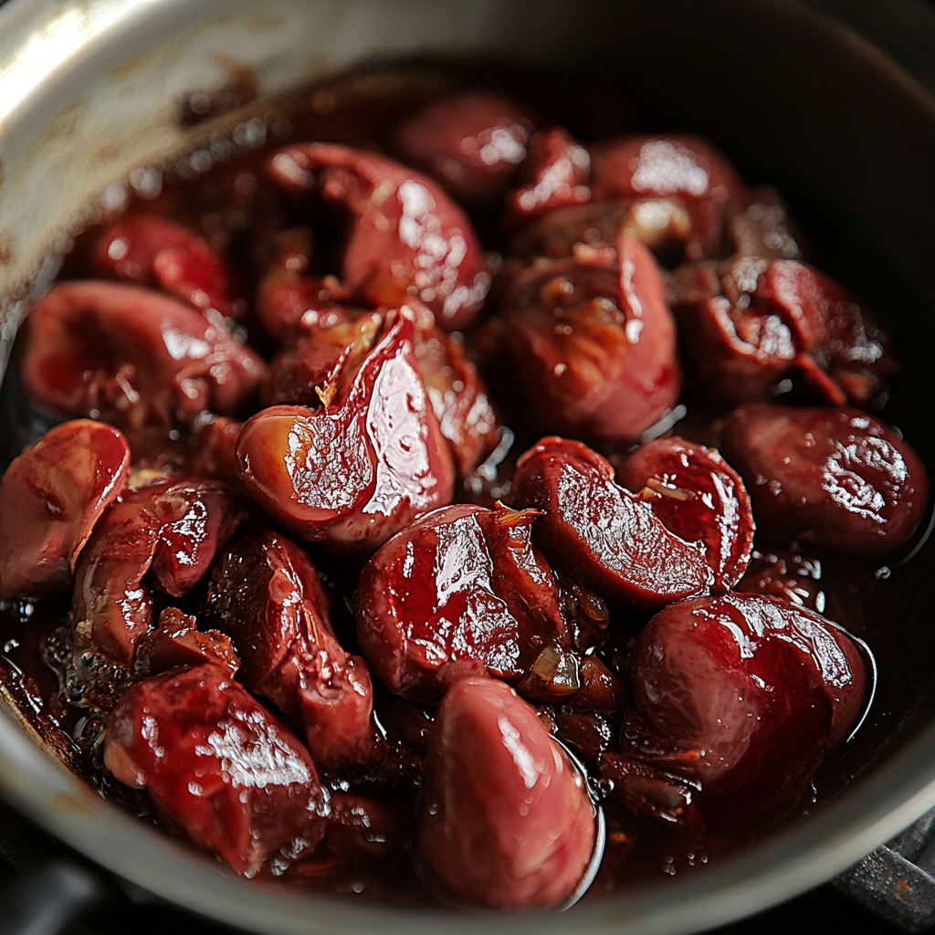 Cooked beef kidneys in a rich, dark sauce, served in a pan with a glossy finish, showcasing theirtender and flavorful texture..