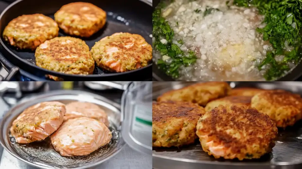A step-by-step collage showing the process of making salmon patties: mixing ingredients with herbs, shaping raw patties, frying in a pan, and the final golden-brown cooked patties.