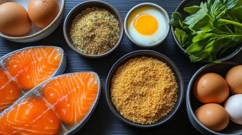 Fresh salmon fillets, eggs, breadcrumbs, parsley, and other ingredients for making salmon patties arranged neatly on a dark surface.