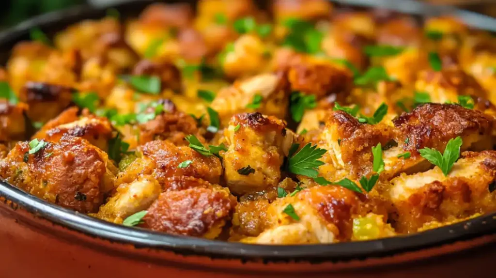 A golden-brown casserole dish filled with Southern-style chicken dressing, garnished with parsley.