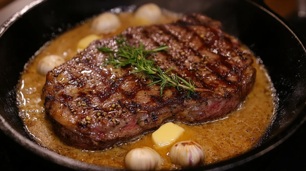 "Grilled steak with seared marks, topped with fresh rosemary, sizzling in a cast iron skillet with melted butter, garlic cloves, and a rich brown sauce."