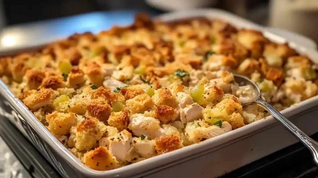 A casserole dish filled with freshly baked chicken dressing, golden brown on top, with a serving spoon placed on the side.