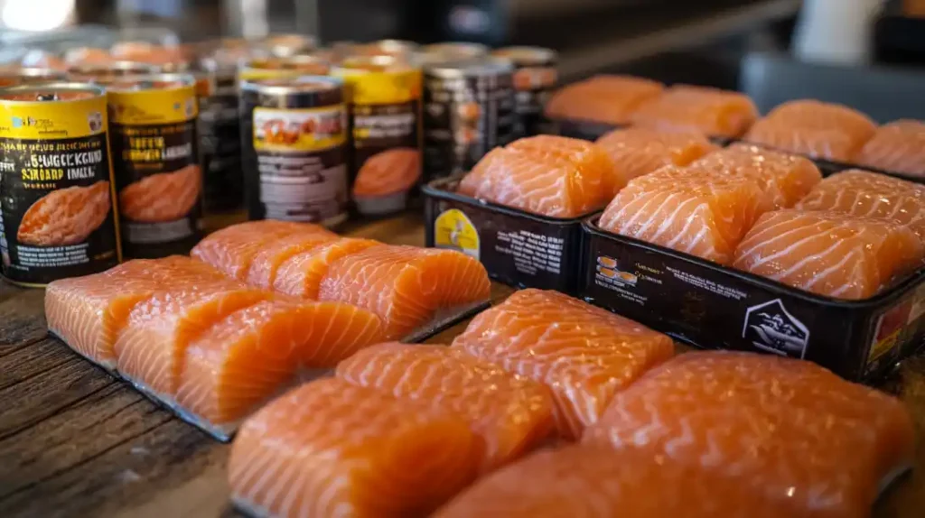 Fresh salmon fillets arranged in trays alongside cans of salmon displayed on a wooden surface.