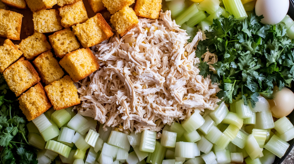 A golden-brown casserole dish filled with Southern-style chicken dressing, garnished with parsley.
