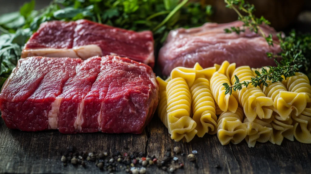 "Fresh uncooked beef cuts, spiral pasta, and sprigs of fresh herbs arranged on a rustic wooden surface, with peppercorns and leafy greens in the background."