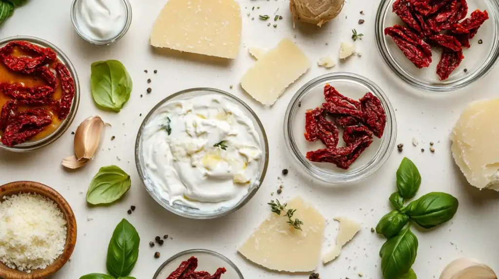A flat lay of fresh ingredients for Marry Me Chicken Pasta, including sun-dried tomatoes, parmesan cheese, garlic, basil leaves, and creamy sauce, arranged on a white background.