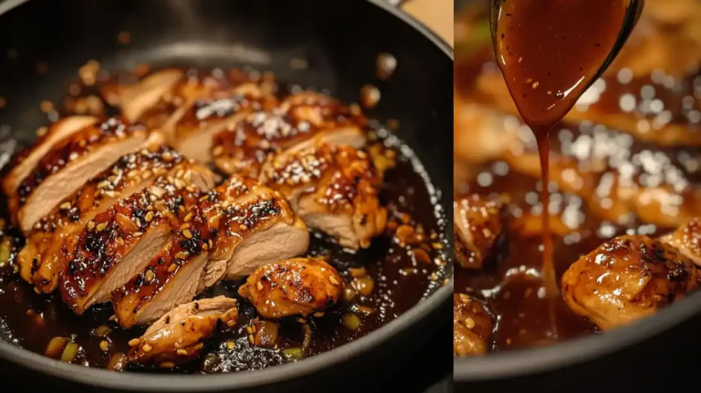 Sliced, pan-seared chicken coated in a rich, glossy garlic sauce, garnished with sesame seeds and spices, with a close-up of sauce being poured over the chicken in a skillet.