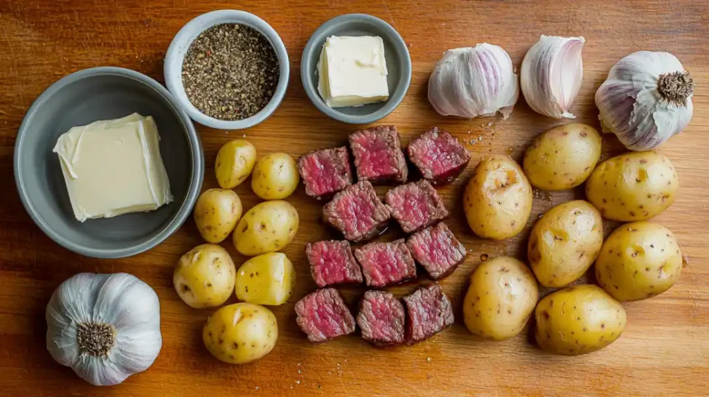 Fresh ingredients for steak bites and potatoes arranged on a wooden countertop, including cubed raw steak, baby potatoes, garlic cloves, butter, and seasonings.
